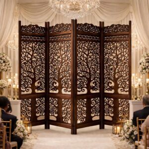Wooden Handcrafted Wooden Partition for Room Carved Premium Carved Wooden Partition Screen for Bedroom/Living Room/Home/Office (6 Feet 4 Panel New Tree Design) (6 Feet 4 Panel Brown)